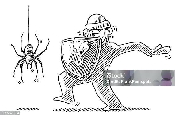 Guarded Human Figure Approaching Spider Drawing Stock Illustration - Download Image Now - Line Art, Spider, Adversity