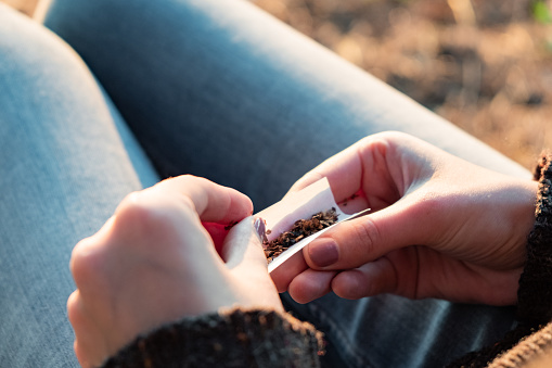 Close up image of female hands making a joint outdoors in sunlit background