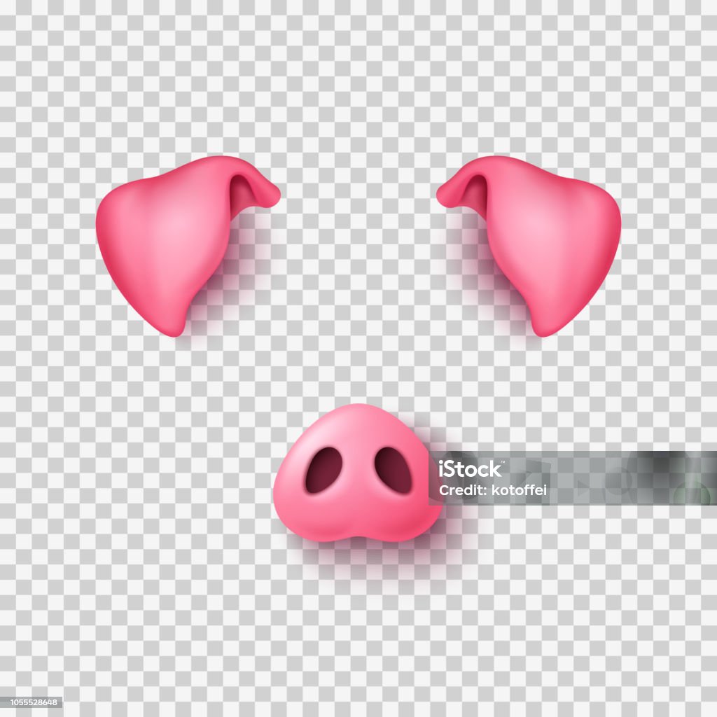 Realistic 3d pig nose and ears Realistic 3d pig nose and ears for funny 2019 New Year selfie. Vector Illustration. Smartphone photobooth mask app, photo props overlay design. Pig stock vector