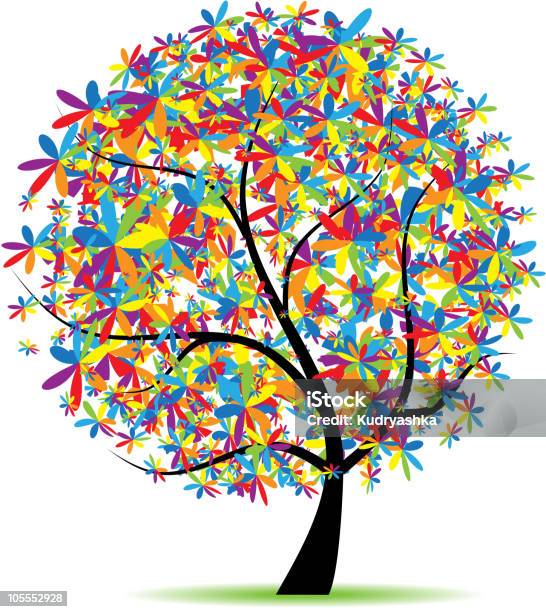 Illustrated Design Of A Tree With Colorful Leaves Stock Illustration - Download Image Now - Blue, Red, Yellow