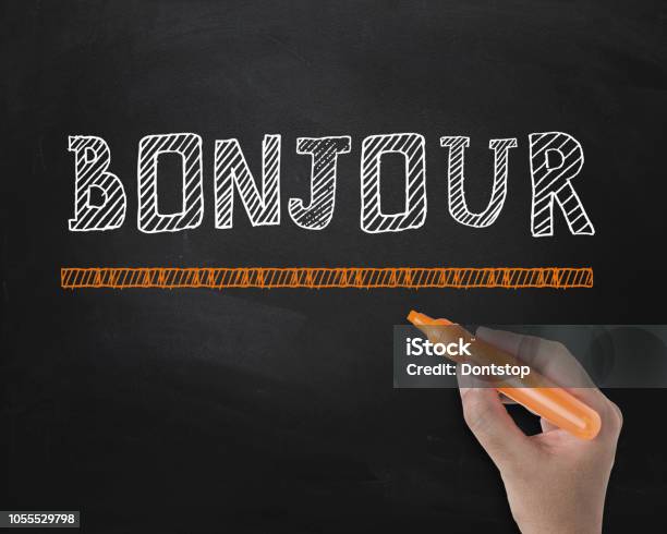 Bonjour Hand With Blackboard Concept Stock Photo - Download Image Now - Advertisement, Announcement Message, Backgrounds