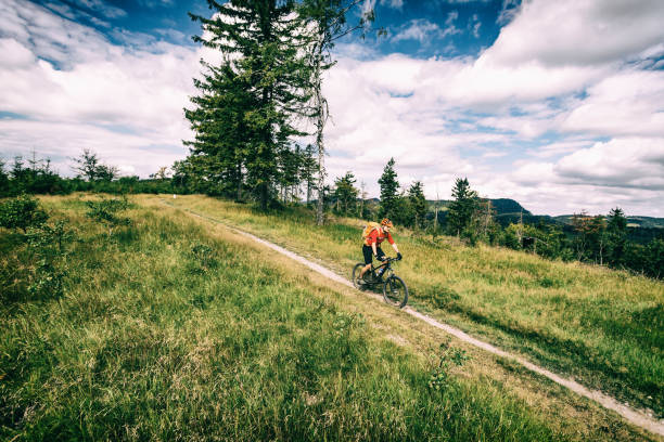 istock Mountain biking man riding in woods and mountains 1055531774