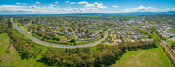 Maroondah Highway and Lilydale suburb. Melbourne, Victoria, Australia - wide aerial panorama