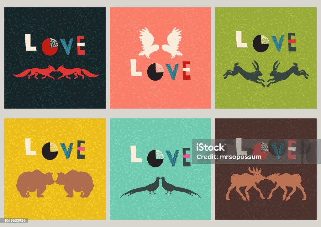 Love animals cards collection. Can be used for postcard, valentine card, wedding invitation In Silhouette stock vector