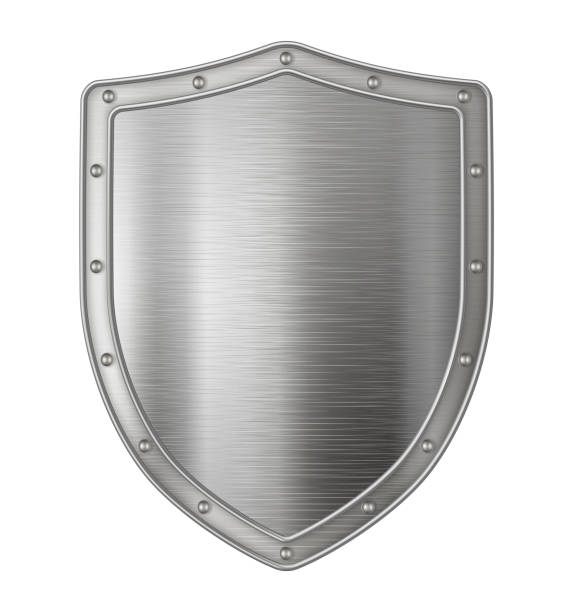 Metallic silver shield Realistic metal shield, weapon icon, element for coat of arms, EPS 10 contains transparency. rivet work tool stock illustrations