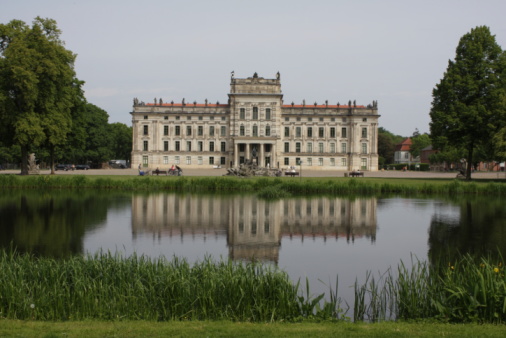 The Great (Menshikov) Palace from the side of the Lower Pond in the Oranienbaum Palace and Park Ensemble on a sunny summer day, Lomonosov, St. Petersburg, Russia