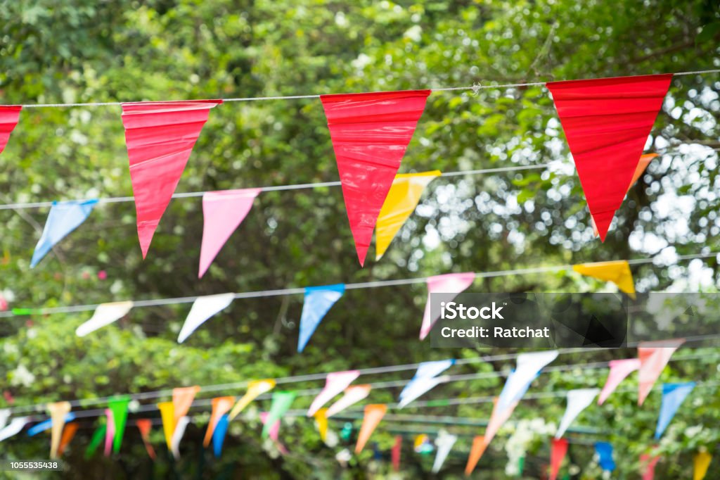Colorful Triangle Flags Hang On White Rope In Garden For Decorative Party  Stock Photo - Download Image Now - iStock
