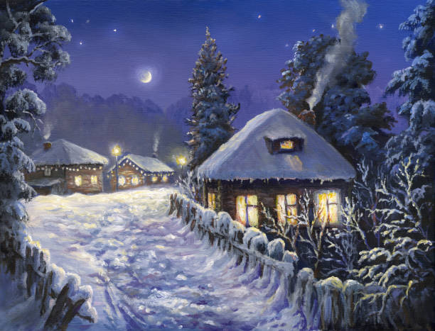 winter holiday in the village winter holiday in the village, oil painting fairy tale village stock illustrations
