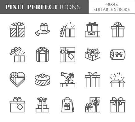 Gift boxes icons set with editable stroke - black outline transparent elements of wrapped and decorated with ribbon and bow close and open present packages isolated on white in vector illustration.