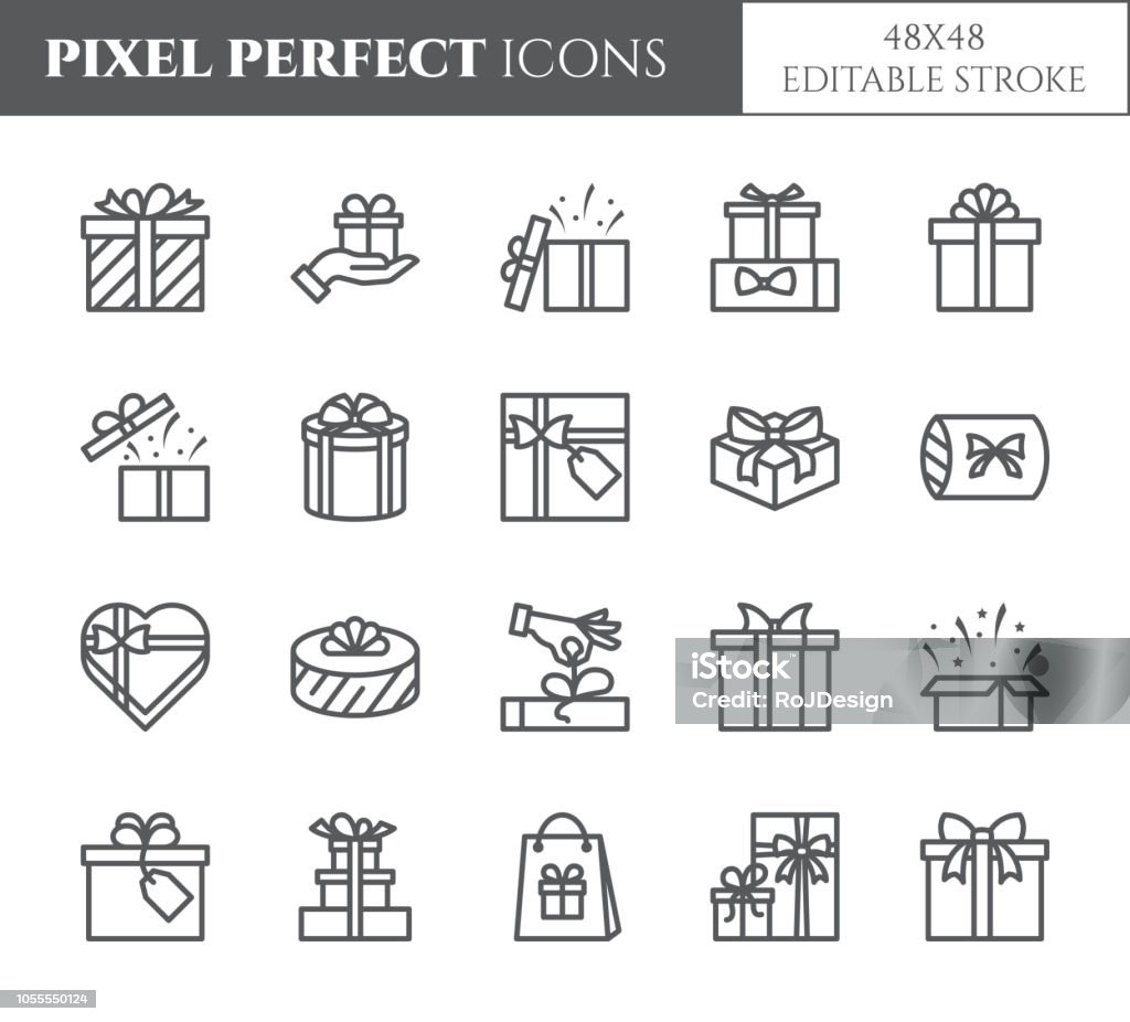 Gift boxes icons set with editable stroke - black outline transparent elements of wrapped and decorated presents. Gift boxes icons set with editable stroke - black outline transparent elements of wrapped and decorated with ribbon and bow close and open present packages isolated on white in vector illustration. Gift stock vector