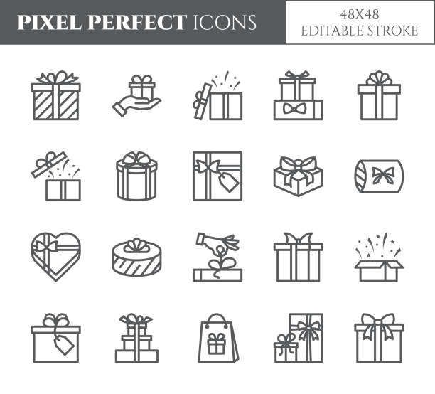 Gift boxes icons set with editable stroke - black outline transparent elements of wrapped and decorated presents. Gift boxes icons set with editable stroke - black outline transparent elements of wrapped and decorated with ribbon and bow close and open present packages isolated on white in vector illustration. gift stock illustrations