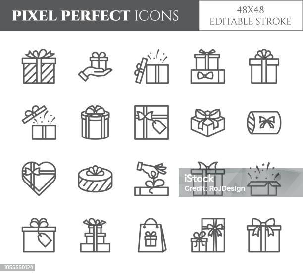 Gift Boxes Icons Set With Editable Stroke Black Outline Transparent Elements Of Wrapped And Decorated Presents Stock Illustration - Download Image Now