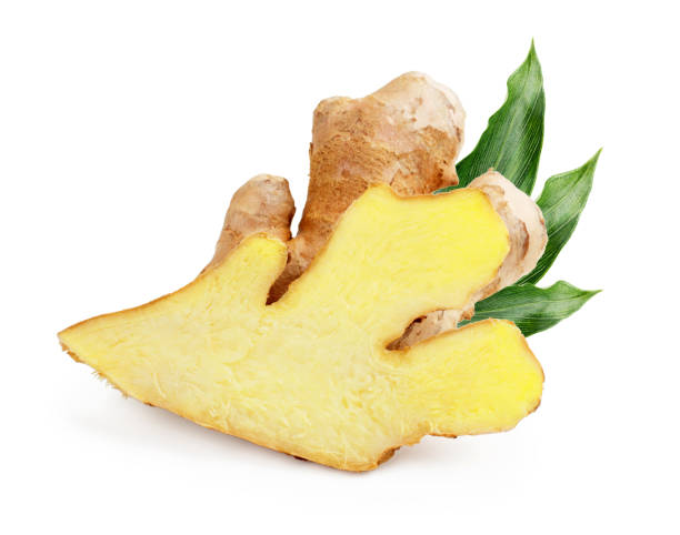 Ginger with leaves isolated on white background