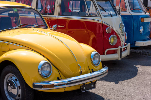 Vintage Volkswagen cars Lauerz (Canton of Schwyz), Switzerland - August 21, 2018: Old Wolkswagen cars renewal service (Extreme Cars) in Lauerz, Canton of Schwyz, Switzerland. Here, rash cars and minibuses are renewed and sold as second hand. car transporter truck small car stock pictures, royalty-free photos & images