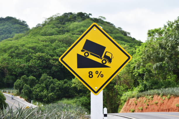 istock Traffic road sign warning down to hill steep climb (8%) 1055553446