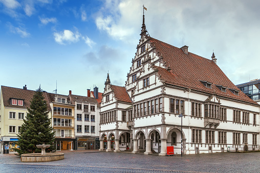 Renaissance town hall was constructed in 1616 on square in Paderborn city center, Germany
