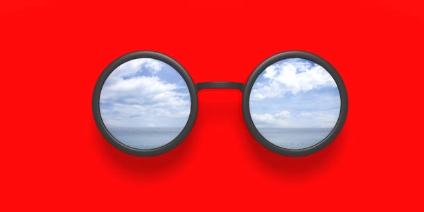 occhiali da sole rotondi neri con vista mare specchiata sull'obiettivo, isolati su sfondo rosso, illustrazione 3d - riflesso sullobiettivo illustrazioni foto e immagini stock