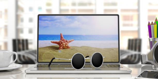 istock Sunglasses on computer laptop, office desk, blur business background, 3d illustration 1055555238
