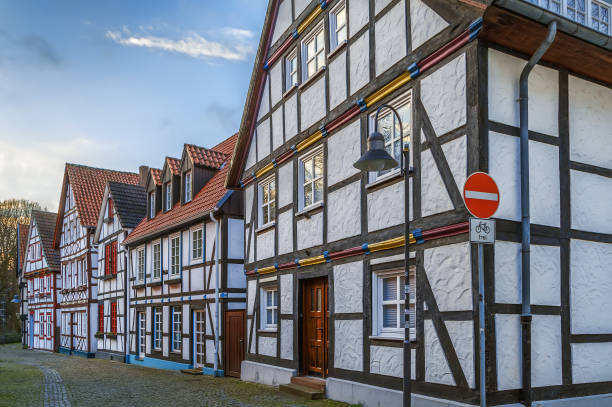 Street in Paderborn, Germany Street with decorative half-timbered houses in Paderborn city center, Germany paderborn photos stock pictures, royalty-free photos & images