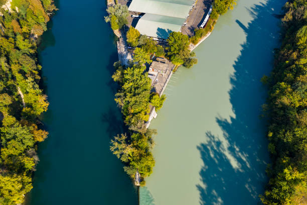 aerial view of arve an rhone river confluent in  geneva switzerland - geneva canton imagens e fotografias de stock