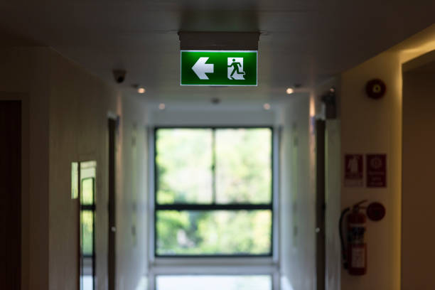 зеленый выходной свет в здании - fire extinguisher office safety protection стоковые фото и изображения