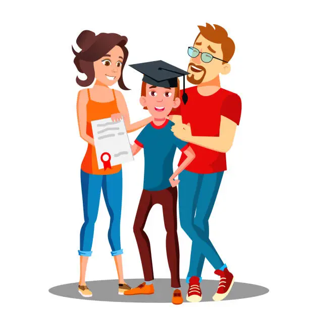 Vector illustration of Happy Parents Standing Behind The Student With Diploma And Graduate Cap Vector. Isolated Illustration
