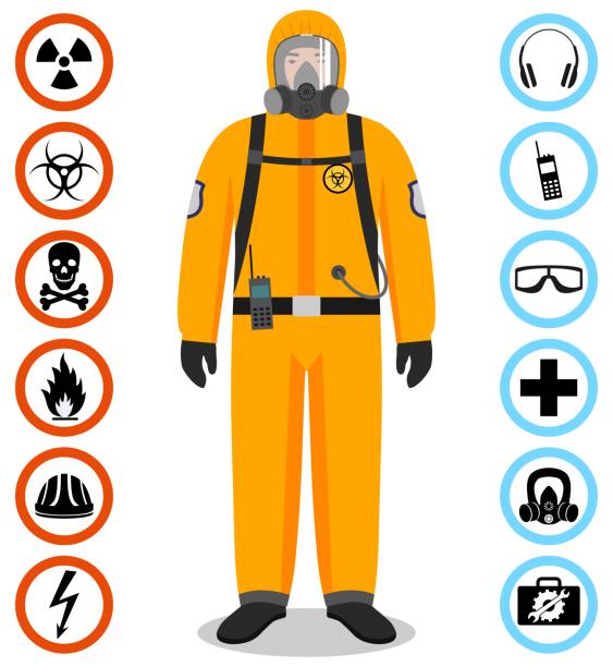 koncepcja branżowa. szczegółowa ilustracja pracownika w pomarańczowym kombinezonie ochronnym. ikony wektorów bezpieczeństwa i zdrowia. zestaw znaków: chemiczny, radioaktywny, niebezpieczny, toksyczny, trujący, niebezpieczny. - toxic waste radiation protection suit chemical protective suit stock illustrations