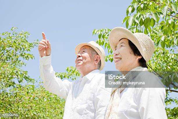 Two Asian Seniors Wearing Hats Looking Upwards Stock Photo - Download Image Now - Senior Couple, Japan, Japanese Ethnicity