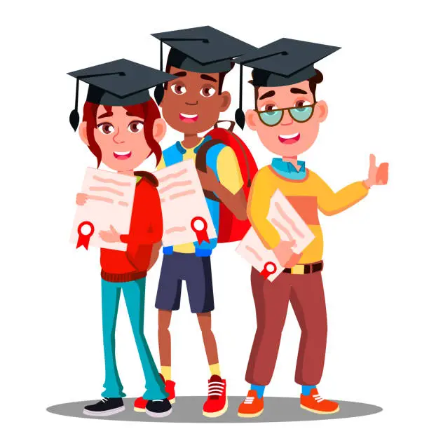Vector illustration of Multinational Group Of Students In Graduation Caps And With Diplomas In Hands Vector. Isolated Illustration