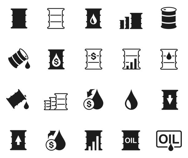 illustrazioni stock, clip art, cartoni animati e icone di tendenza di set di icone del barile di petrolio - gasoline fossil fuel dollar sign fuel and power generation