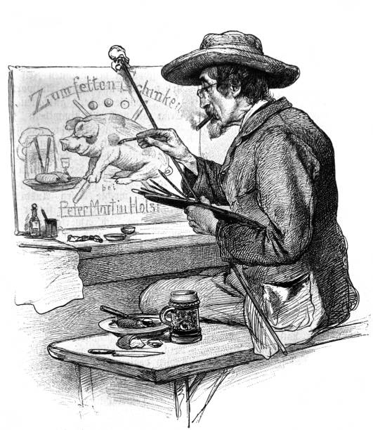 Artist paints advertising for restaurant - 1888 vector art illustration