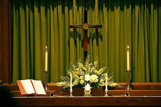 istock Religous Altar with Bible, Cross and Candles 105558114