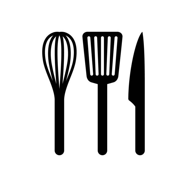 ilustraciones, imágenes clip art, dibujos animados e iconos de stock de batidor de cocina, turner ranurado iconos espátula y cuchillo. - wire whisk symbol computer icon spatula