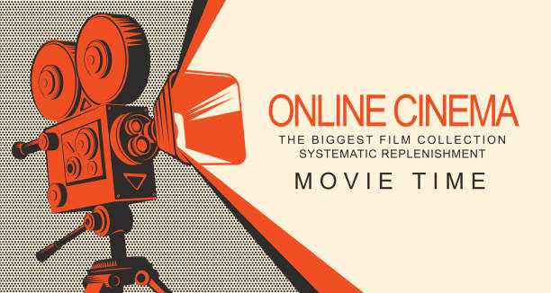 ilustraciones, imágenes clip art, dibujos animados e iconos de stock de banner de cine online con proyector de cine antiguo - póster de película