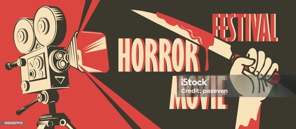 banner for horror movie festival, scary cinema Vector banner for festival horror movie. Illustration with old film projector and a hand holding a bloody knife. Scary movie. Can be used for advertising, banner, flyer, web design Movie stock vector