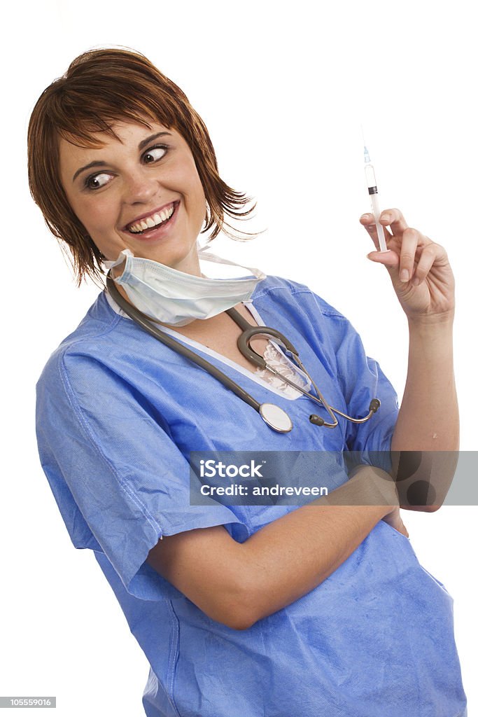 Mad scientist holding filled syringe  20-29 Years Stock Photo