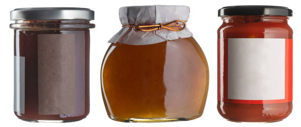 jam jar set whith blank labels isolated on white. fruit preserves - preserves jar apricot marmalade imagens e fotografias de stock