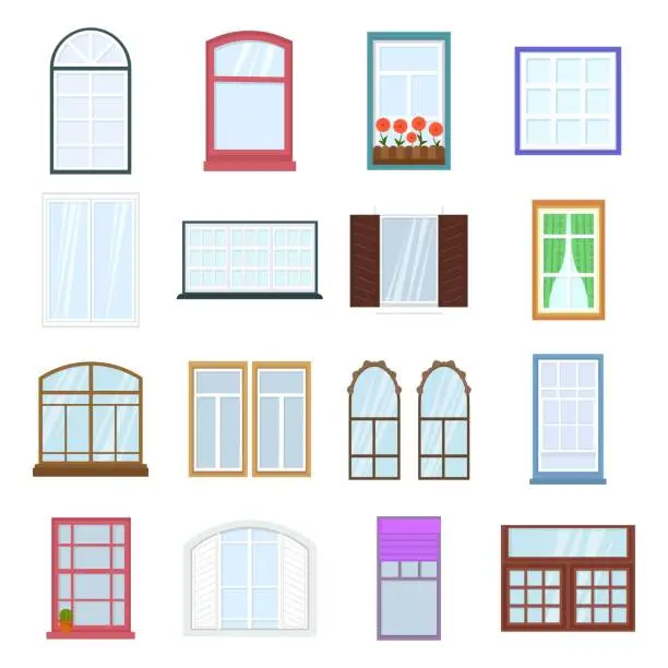 Vector illustration of Colorful windows set. Collection of house construction. Interior windows of various forms in flat style. Architecture design outdoor or exterior view, building and home theme. Vector Illustration