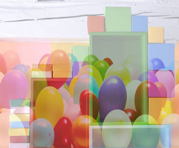 multi colored boxes with balloons - shelf bookshelf empty box imagens e fotografias de stock