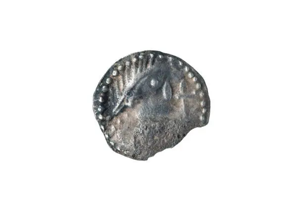 Anglo Saxon silver Sceat coin of the early 8th century cut out and isolated on a white background