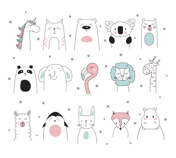 doodle animals set, vector illustration doodle animals set, vector illustration, doodle animals elephant drawings stock illustrations