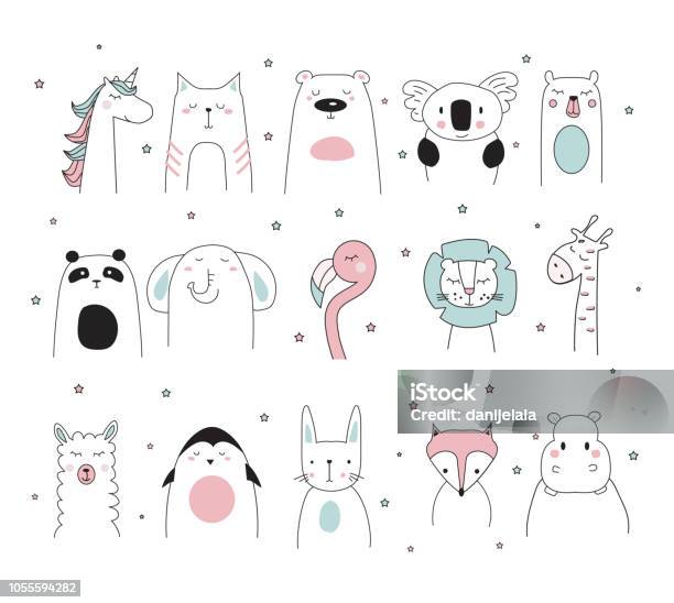 Doodle Animals Set Vector Illustration Stock Illustration - Download Image Now - Unicorn, Cute, Llama - Animal