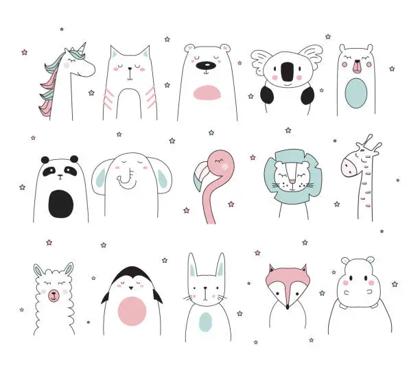 Vector illustration of doodle animals set, vector illustration