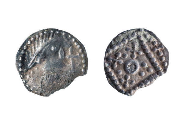 istock Anglo Saxon silver Sceat coin front and reverse sides 1055594306