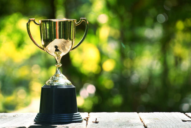 istock Trophy on wood table with green bokeh background , win concept 1055597508