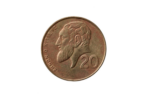 Greek old 20 cents coin Zeno of Citium Greek old 20 cents coin dated 1994 with a portrait image of Zeno of Citium cut out and isolated on a white background ancient coins of greece stock pictures, royalty-free photos & images