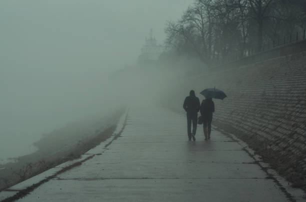 para chodząca we mgle - cold rain parasol gray zdjęcia i obrazy z banku zdjęć