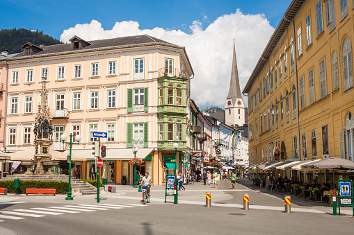 Bad Ischl, Austria - September 2, 2016: Schroepferplatz and Pfarrgasse, center of the resort town Bad Ischl, place for sightseeing, shopping and relaxing.