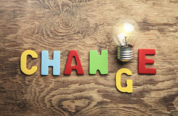 istock Colorful word Change and light bulb on wooden table. 1055604466