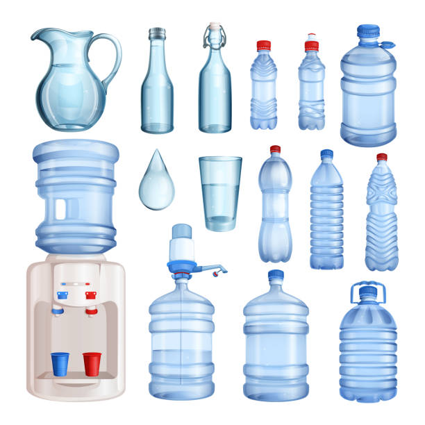 wasser im kunststoff- und glasflaschen. isolierte vektorobjekte festlegen. reines mineralwasser abbildung - gallone stock-grafiken, -clipart, -cartoons und -symbole